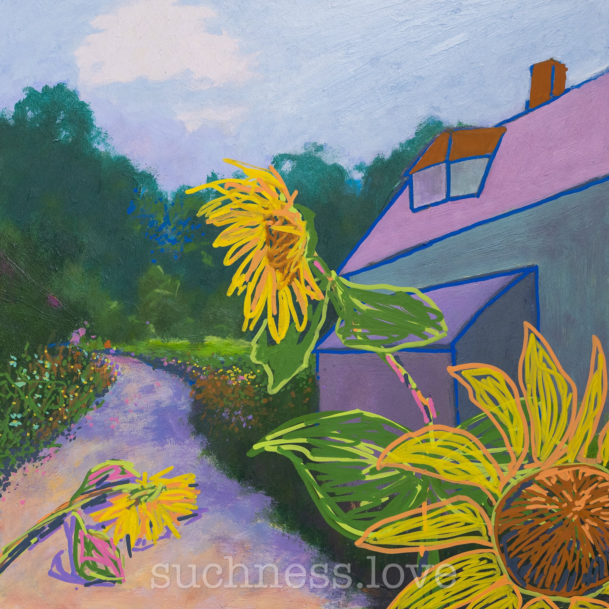 A colorful painted illustration of a house with a chimney, surrounded by lush green trees and yellow and pink flowers, with a light purple sky in the background.