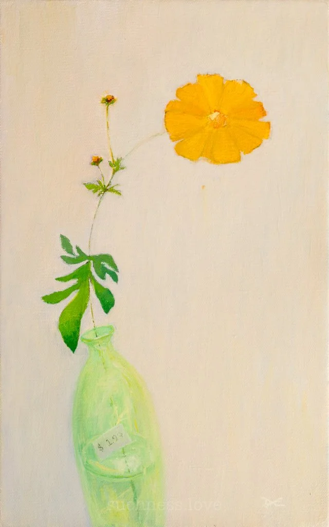 Painting of a yellow flower in a green vase with a long stem and green leaves on a plain background.