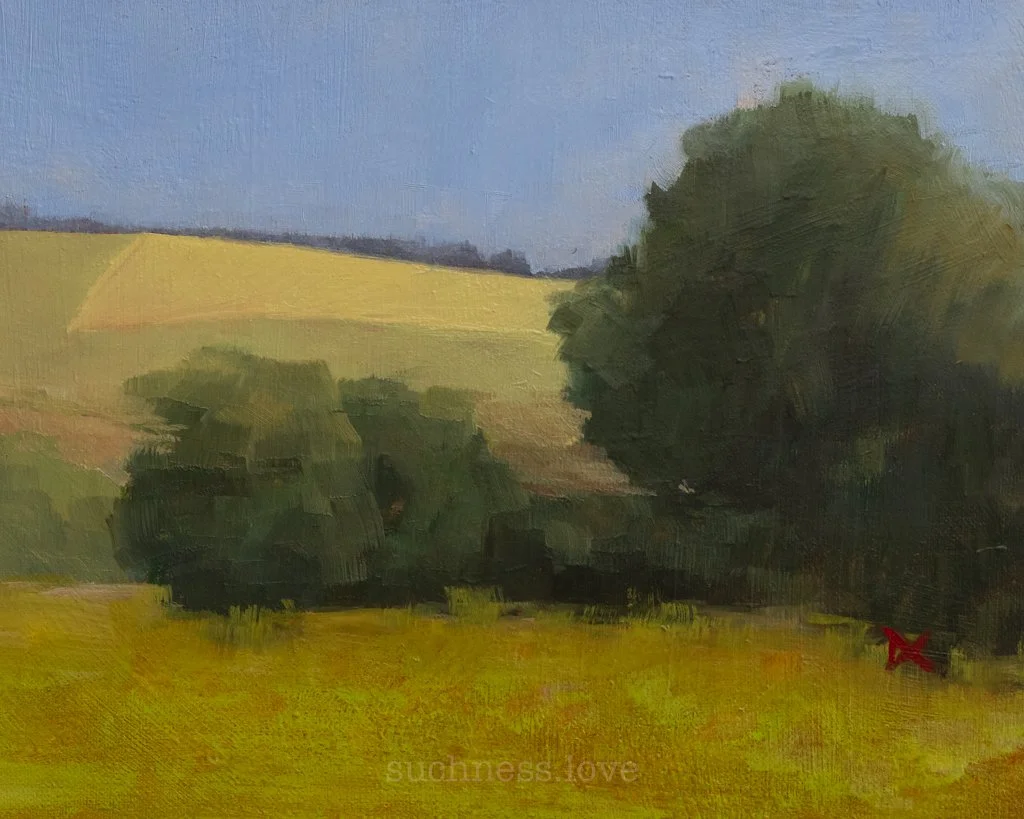 Landscape painting of rolling green hills with large trees in the foreground and a blue sky above.