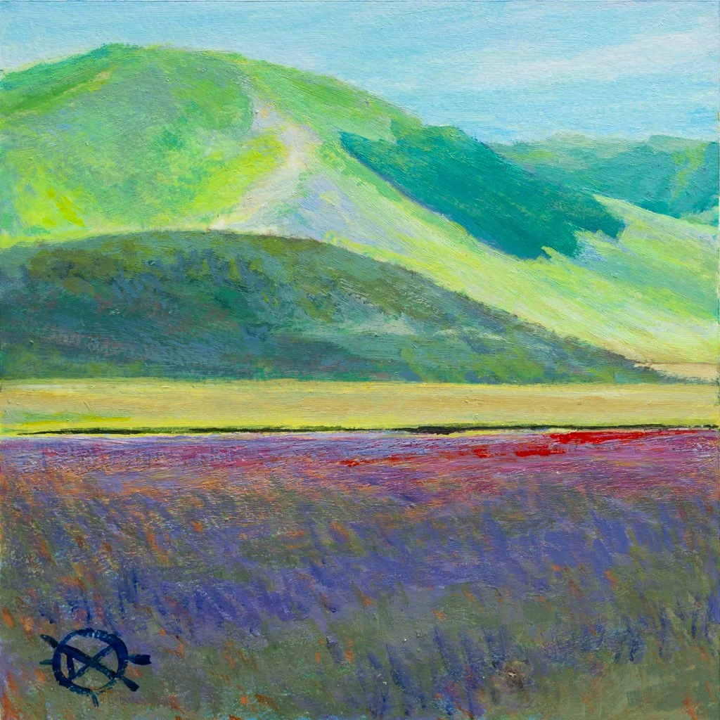 A colorful painting of rolling green hills and purple fields with a blue sky in the background.