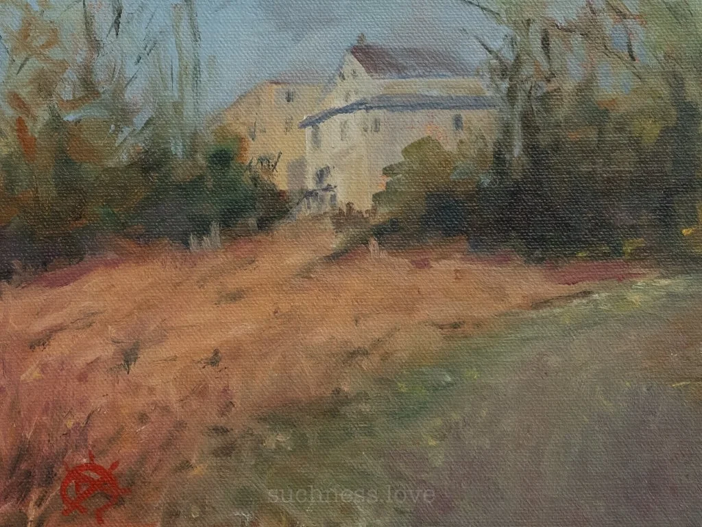 An impressionist-style painting of a house surrounded by trees and a pathway, with a grassy field in the foreground.
