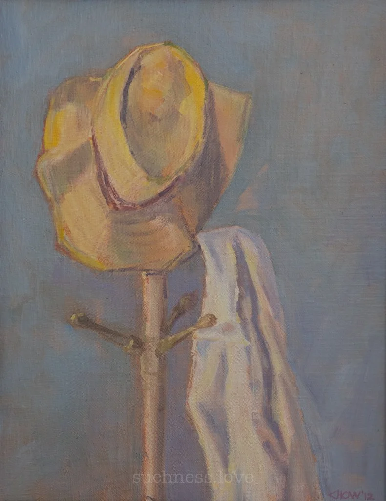 Painting of a coat rack with a yellow hat and a white cloth hanging on it, set against a blue background.