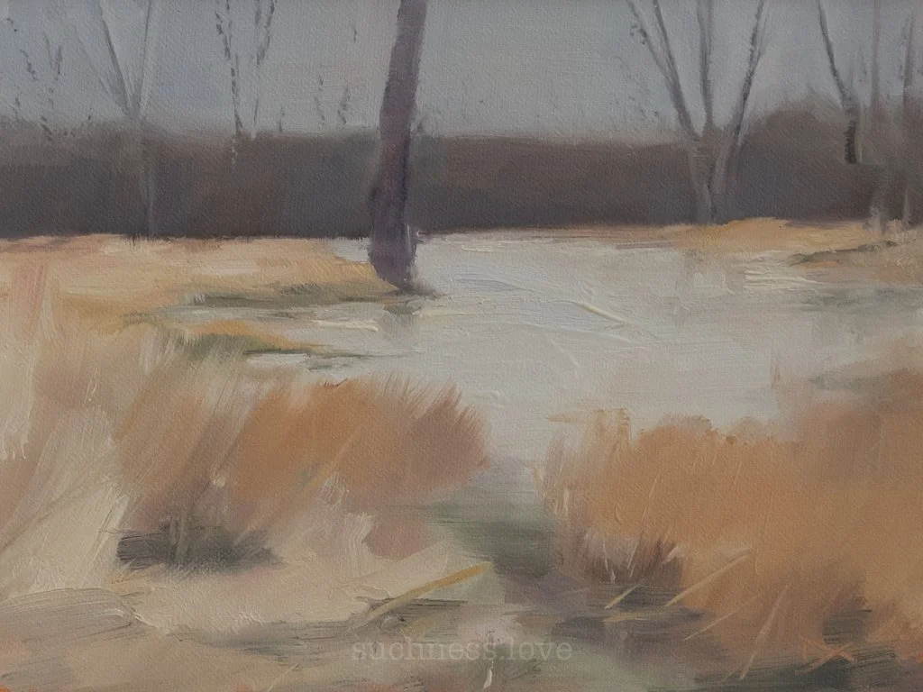 A painting of a landscape featuring a tree and a body of water with earthy and muted tones.