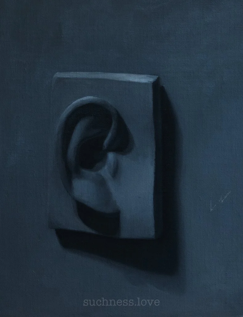 Painting of cast ear, with dark shadows, mounted on dark background.