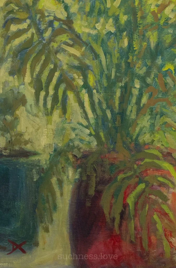 A painting of a green leafy plant in a reddish-brown pot, with a background of greenery, painted in an impressionistic style.
