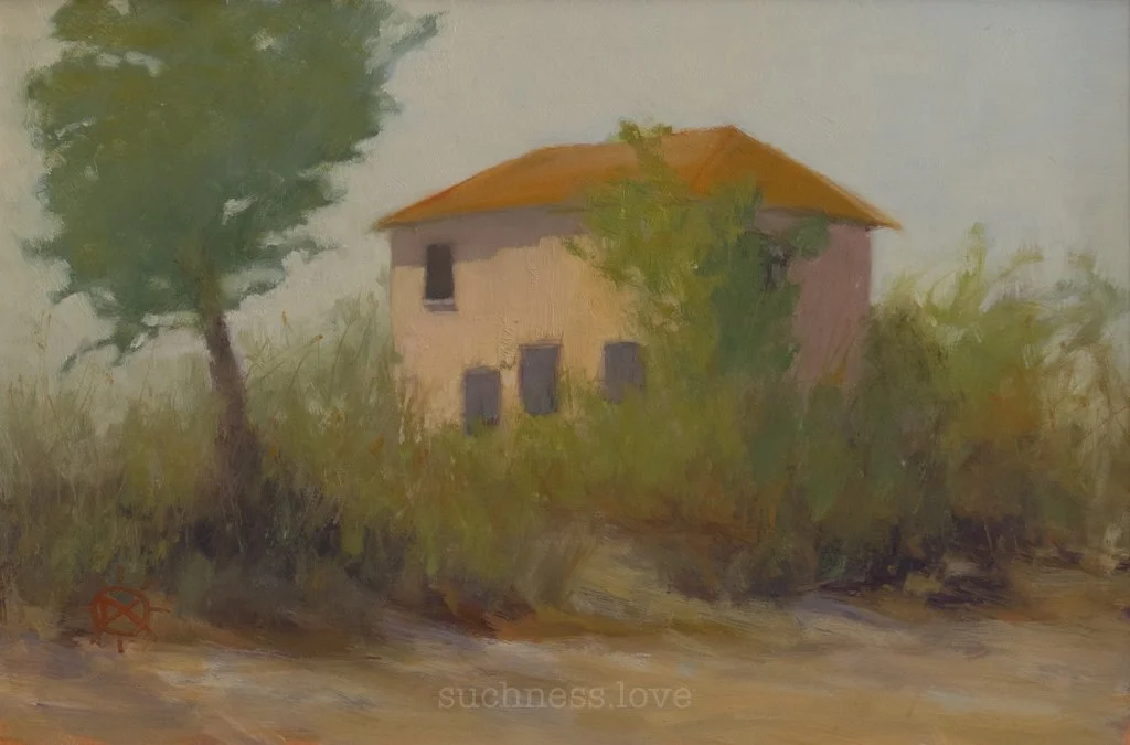 A painting of an old two-story house with a red roof, surrounded by trees and bushes. There is a dirt path in the foreground.