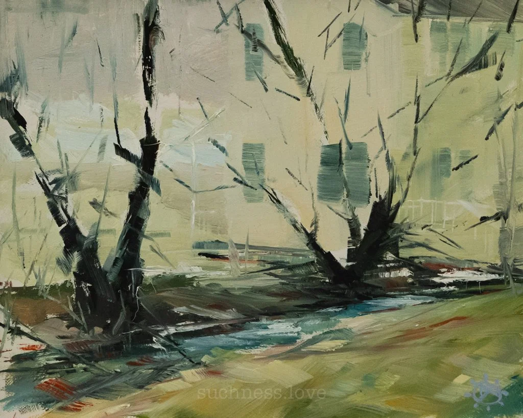 An abstract painting of a small stream flowing through a wooded area with trees, using loose brushstrokes and muted earthy tones.
