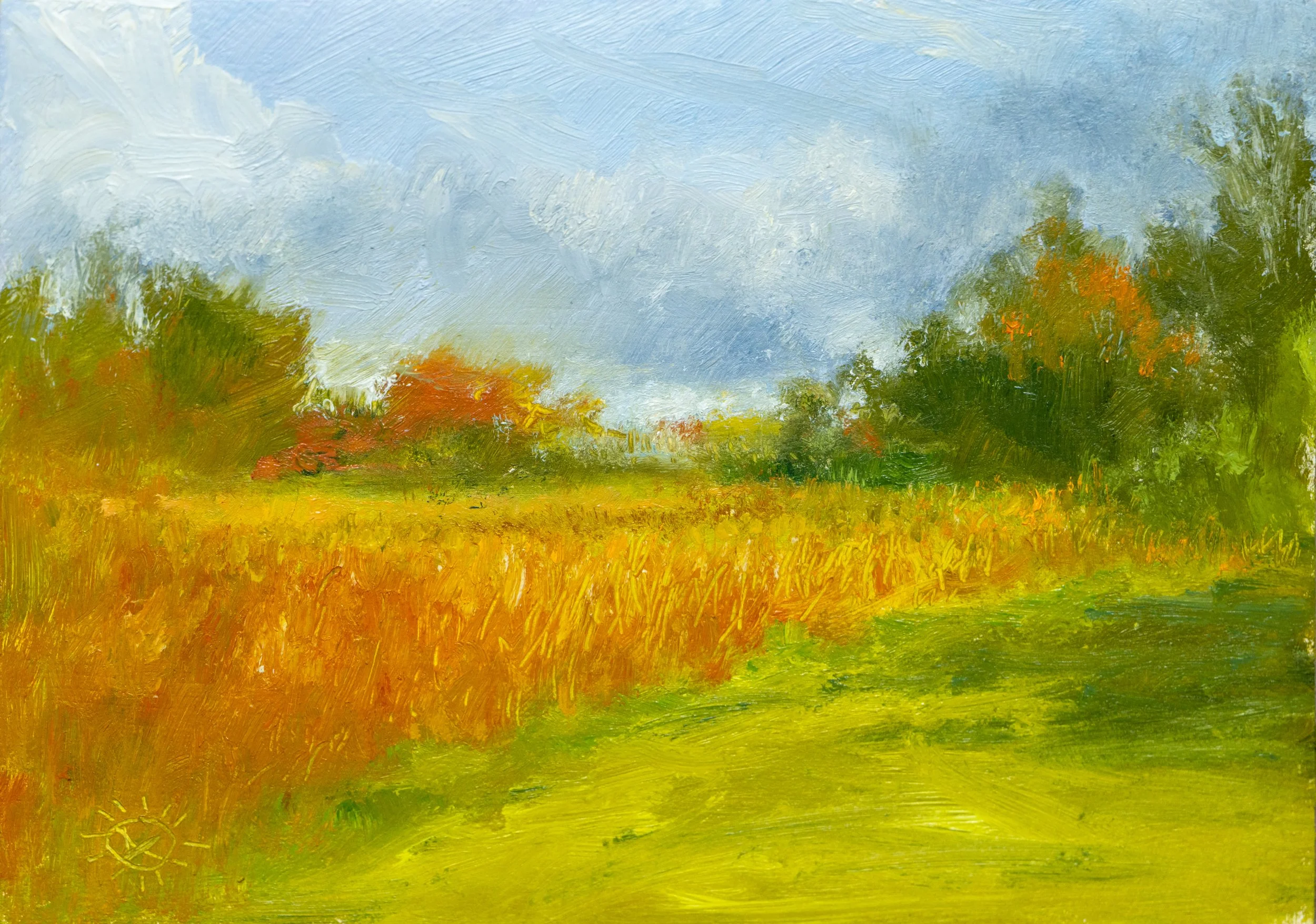 Painting of a rural landscape with a grassy path, a field with yellow and orange crops, green trees, and a cloudy sky.