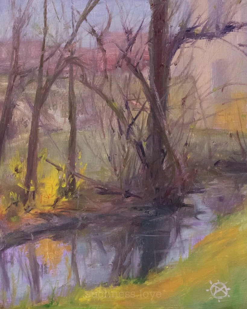 An impressionistic painting of a pond with trees and reflections in the water, featuring soft pastel colors and a serene, natural scene.