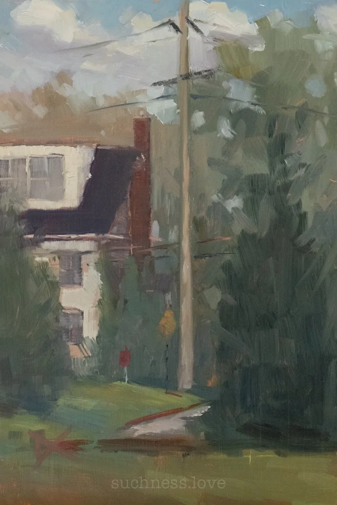 Oil painting of a suburban scene with a house, trees, power lines, and a sidewalk.