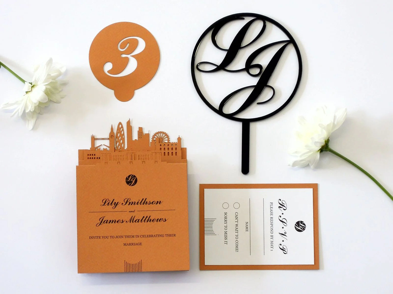 Laser cut wedding invitation sets + laser cut wedding london skyline invitation sets + wedding cake topper + dot laser