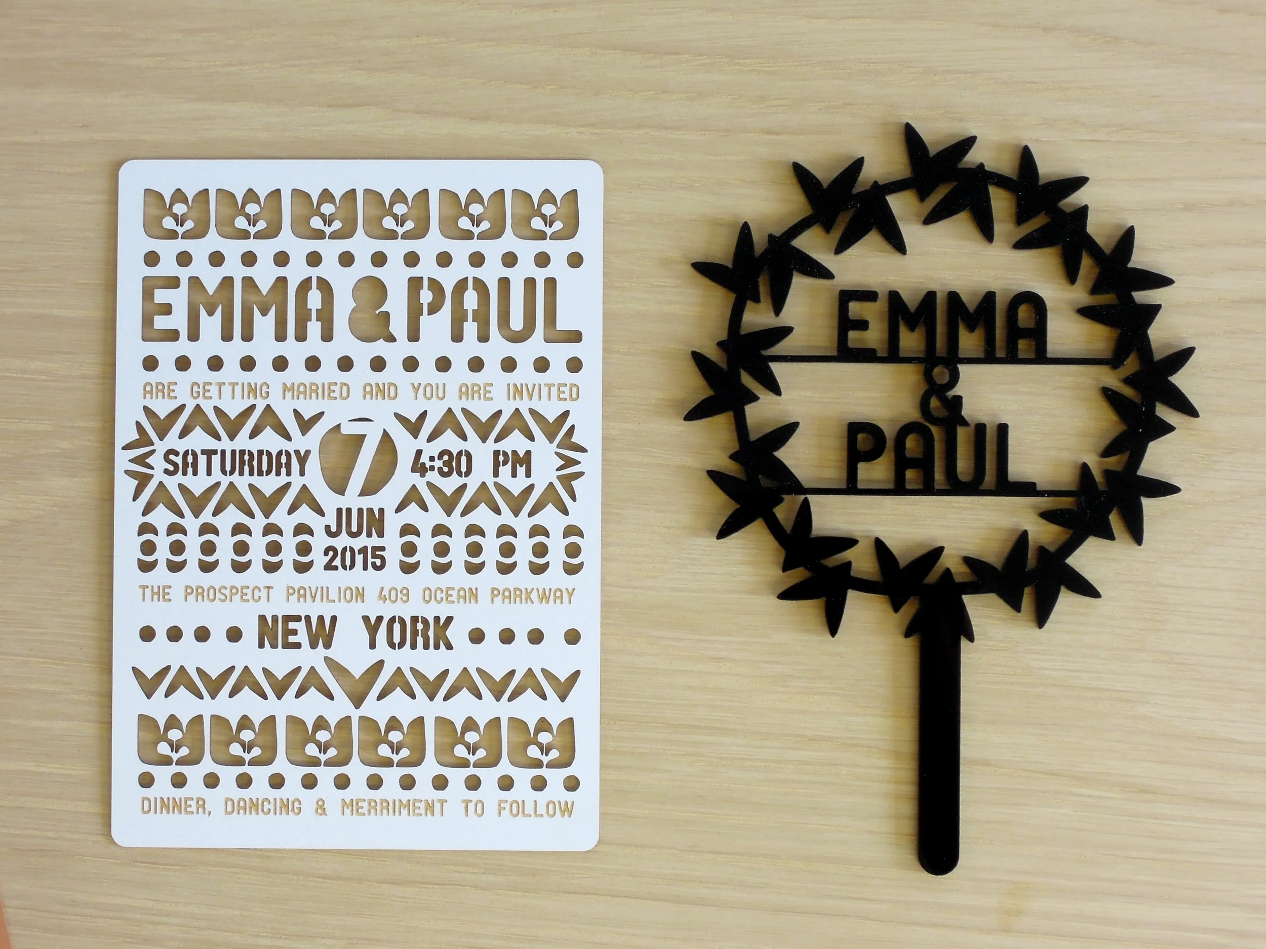laser cut collection invitation + cake topper + dot laser