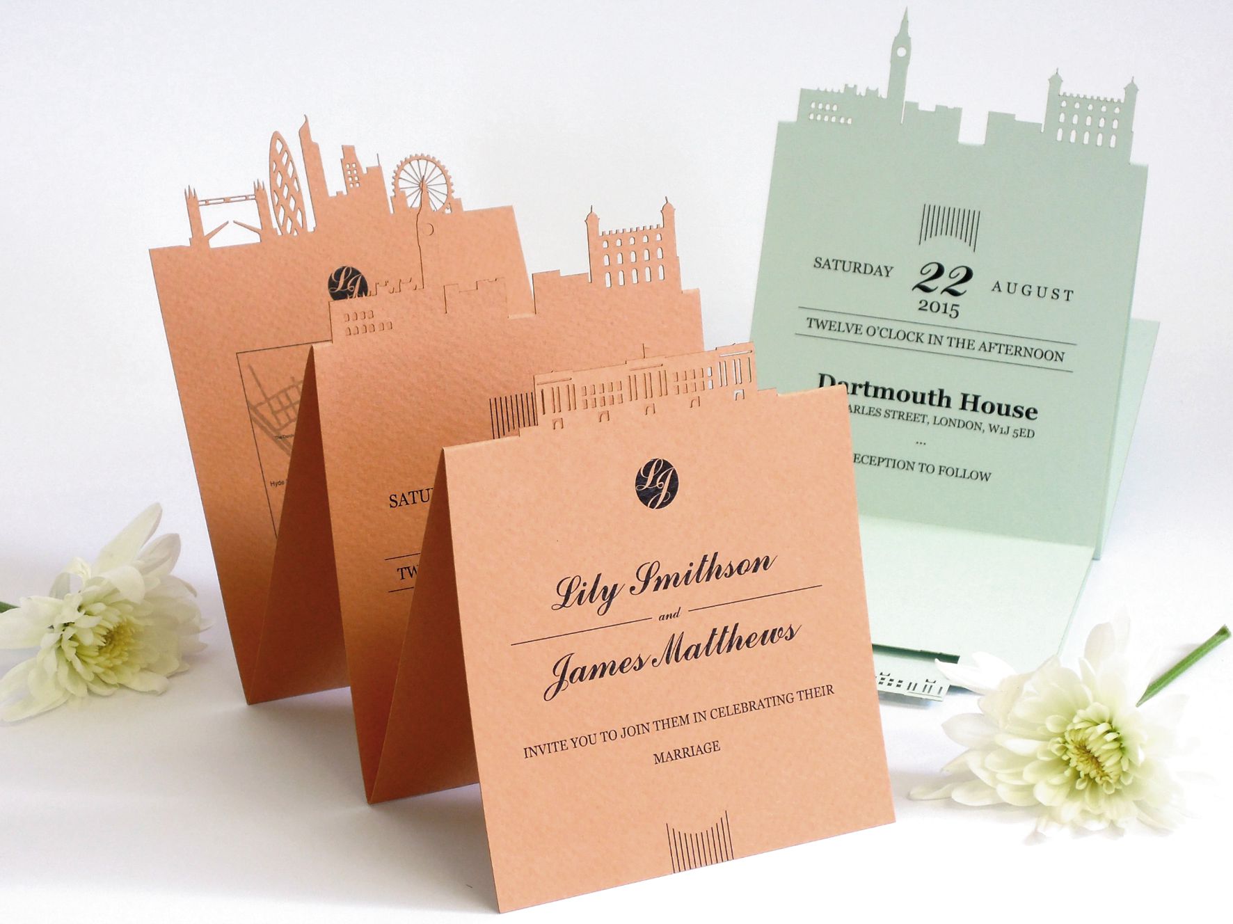 laser cut invitation + wedding + london skyline + dot laser
