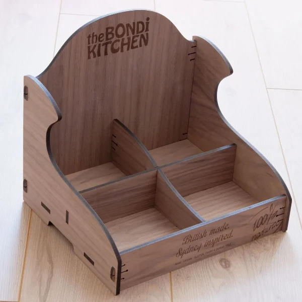This laser cutting counter display has been made form 6mm veneered Walnut MDF. The perfect example of flat pack design.