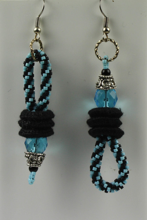 Dakota Earrings Kumihimo with beads is the basis for these unique earrings. Multiple colorways are available. Skill level intermediate. Cost $25.00 plus supplies. Required kit is $8.00. Additional materials required.
