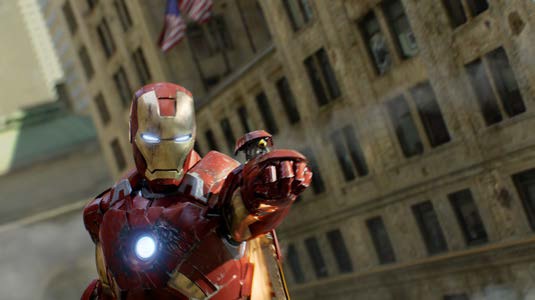 Iron Man firing a tank missile at terrorists.