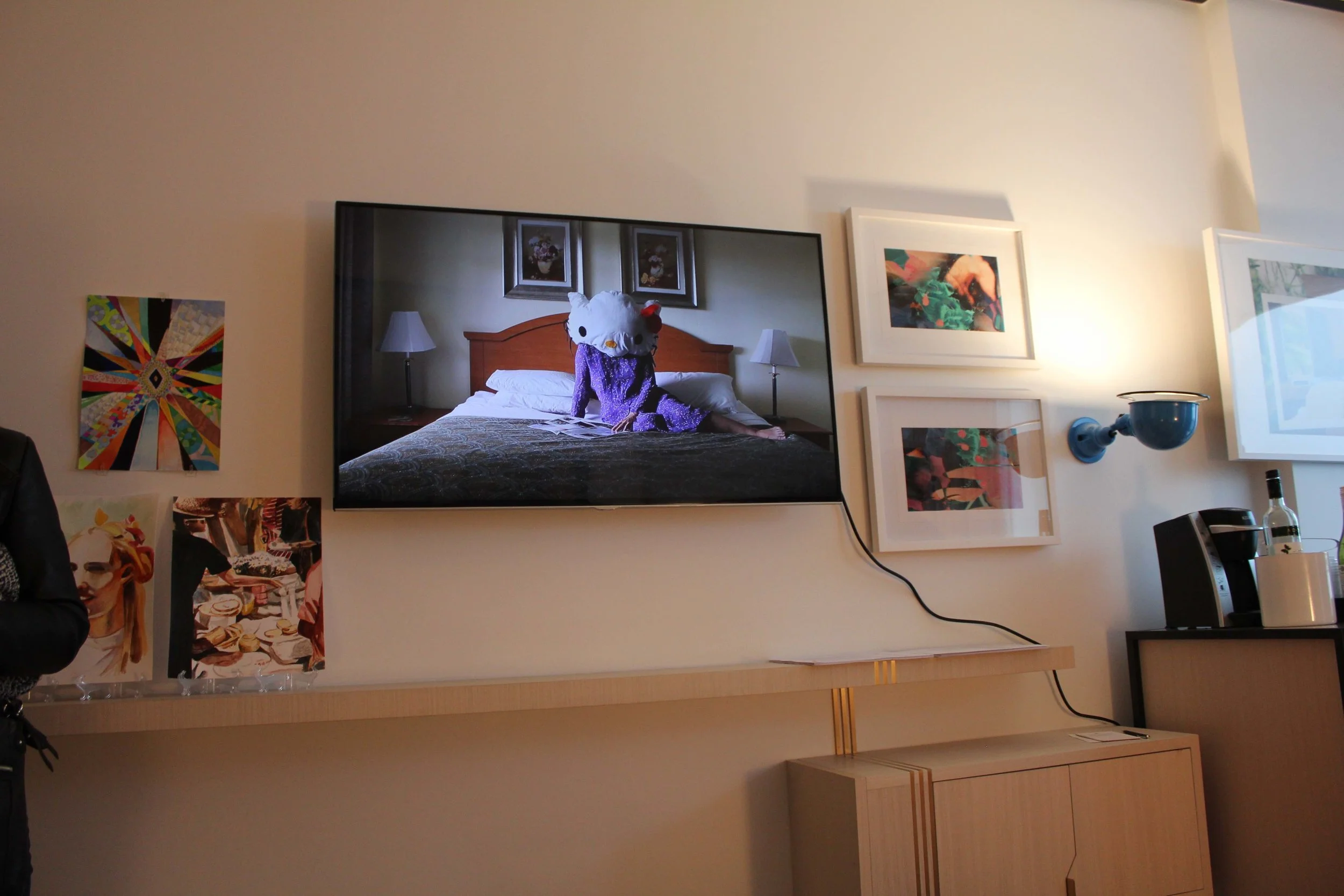 Installation view of two-person show, Standard Double: Hello Reading (2017)&nbsp;on video screen with work of Alexandra Hammond and in situ works, Brooklyn, NY