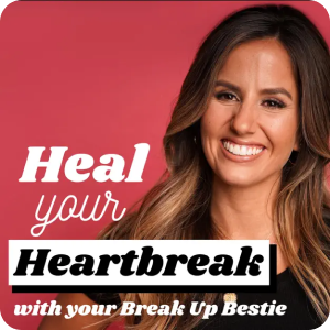 Smiling woman with brown hair against pink background with text: "Heal your Heartbreak with your Break Up Bestie."