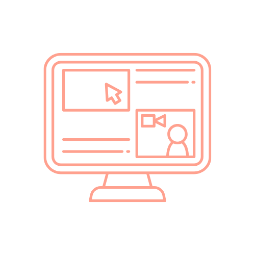 Outline illustration of a computer monitor displaying a video call interface with a cursor, a video thumbnail, and a person icon.