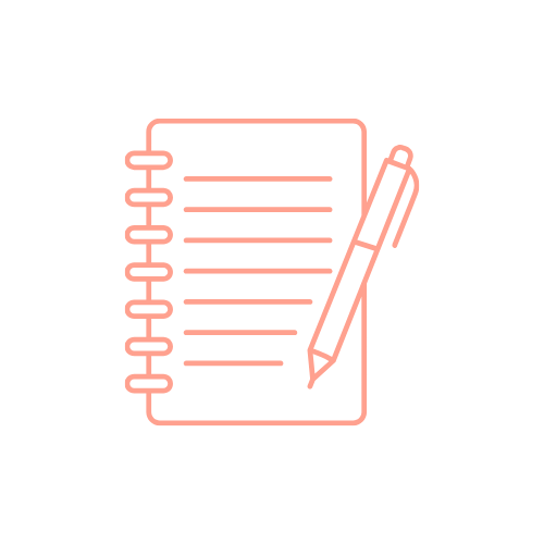 Outline of a spiral-bound notebook with handwritten lines and a pen positioned on the right side.
