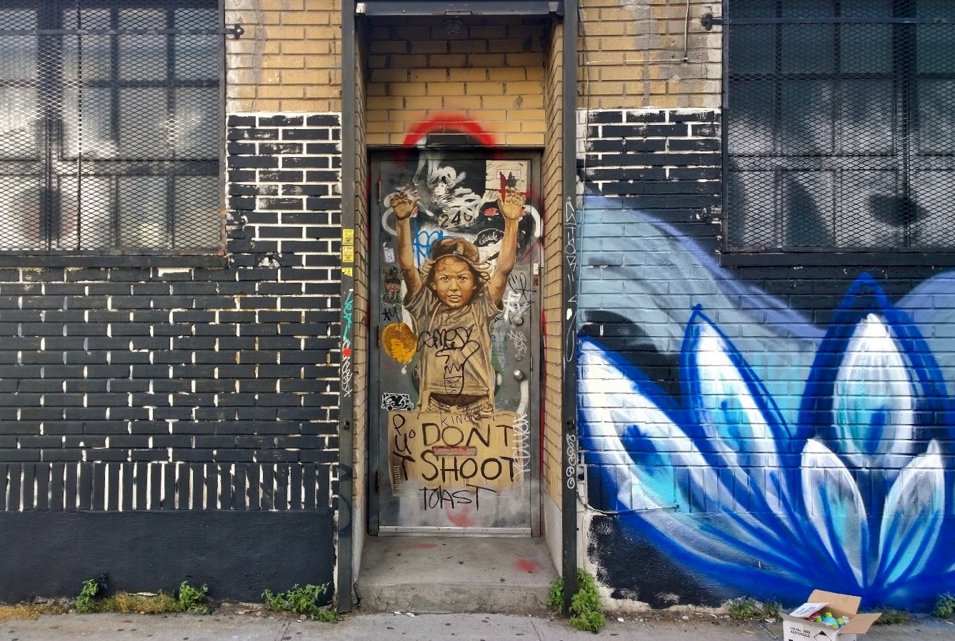 Hands up, don't shoot . Artist: LMNOPI . Photo: Venusinorbit . Bushwick, Brooklyn, NYC. Summer 2015. 