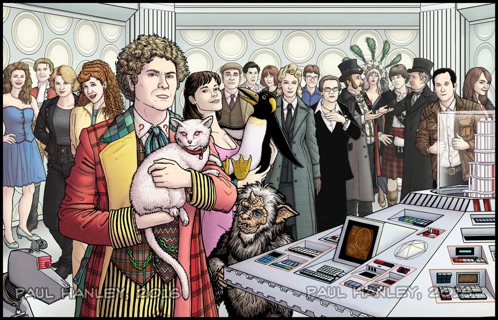 We’ve gone ahead and identified all of the Doctor’s friends in the image above (illustrated by Paul James Hanley). From Right to Left: K9, Lady Face, Chip, Prosecutris (SVU crossover), Mel, Ghost Face Kitty, Peri, The Brigadier, Frobisher, Creepy Stan the Horn-Head man (bottom), Spanky, Misty, Curly McGee, Steve from IT, Old Lady Stitch-face, Jago, Donna Superstar, Jamie, Litefoot, Annoying Derek, and Side-Eye The Sixth Doctor and friends by @PaulJamesHanley