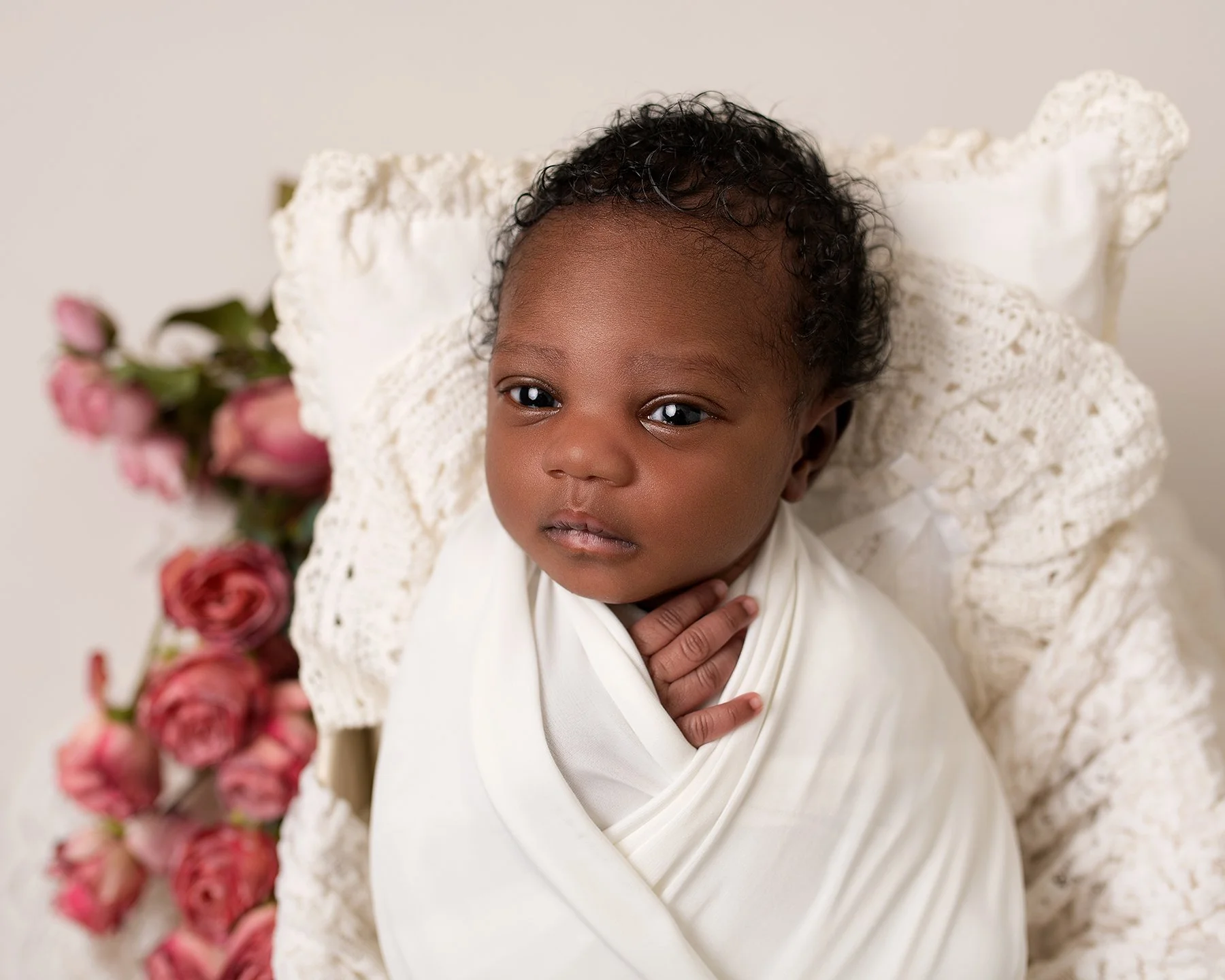  beautiful newborn baby black in cream with roses newborn photography studio based 