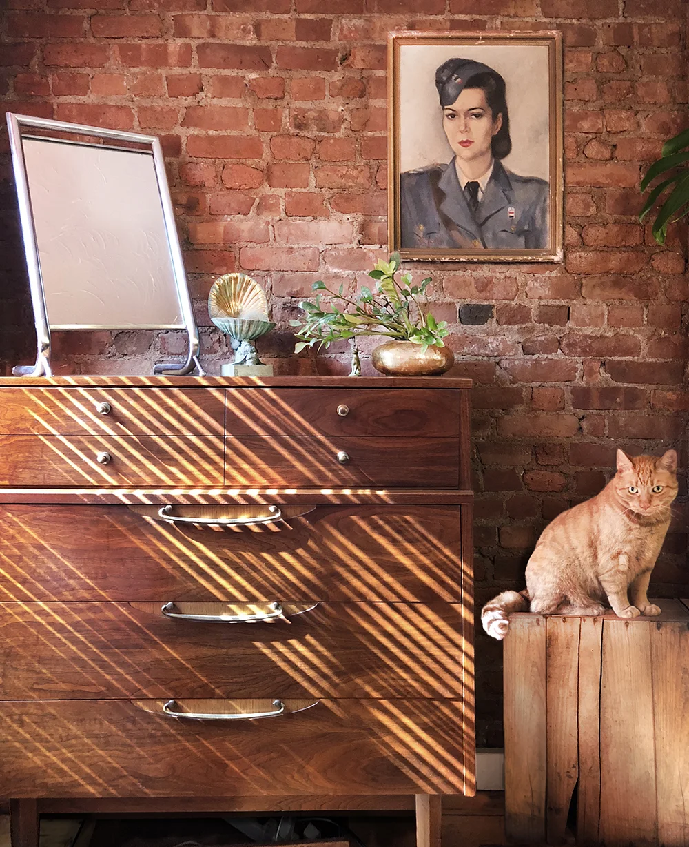 Vintage dresser (1950's), copper jewelry stand, brass pot and original painting by unknown artist. Found orange cat. 