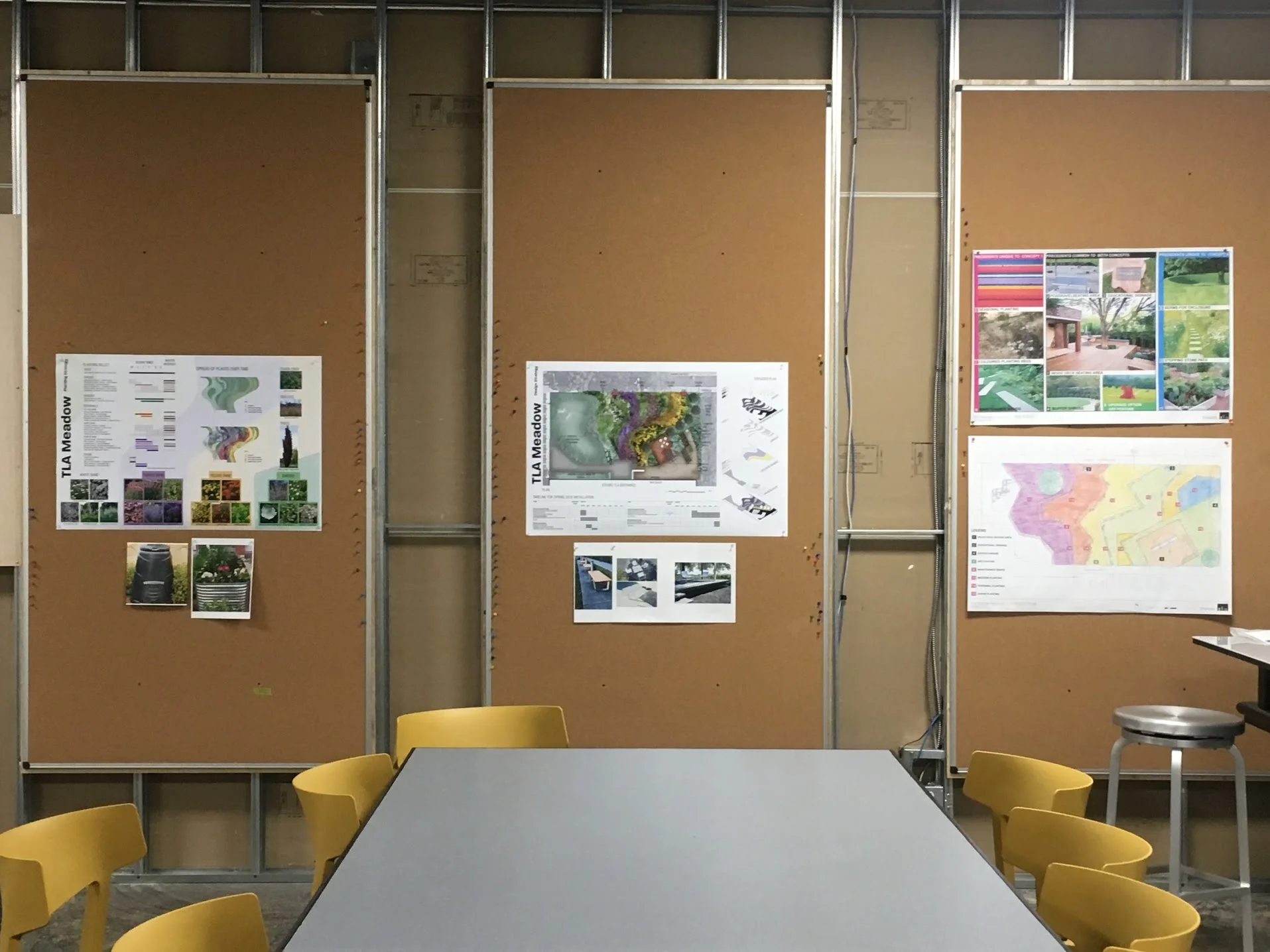  Design concept presentation. On the right is the original iteration of this concept which was presented along with another concept. This winning concept was then developed further as seen in the boards on the left, which can be seen in detail at the