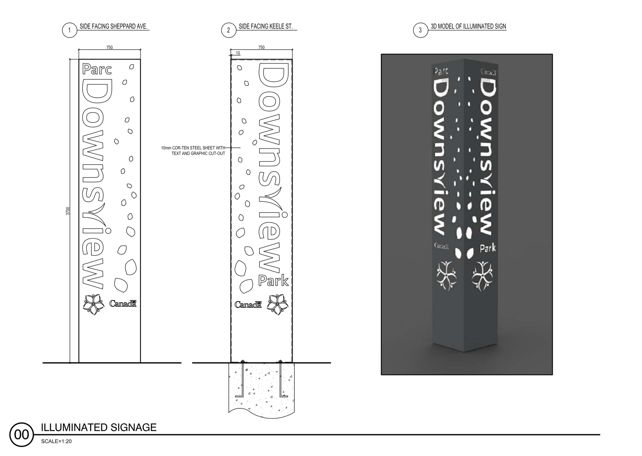  This smaller sign was designed with pedestrian speed in mind, and lights up at night. The leaf motif floating down the side of the sign is the same shape as the canopy feature. 