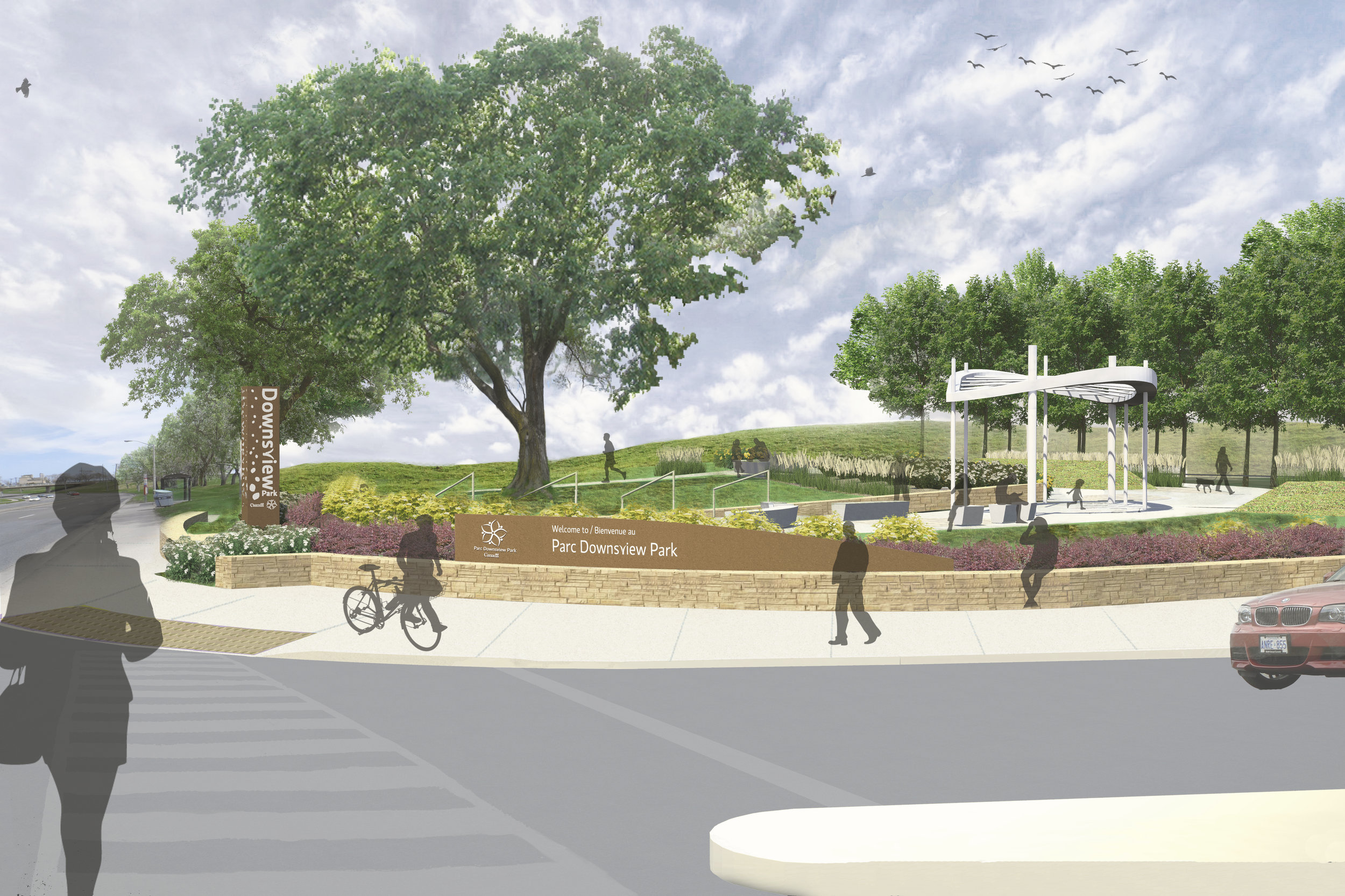  This rendering of the gateway from the intersection of Keele and Sheppard was created using Rhino, Sketch Up, and Photoshop and shows an existing tree to be maintained, and the complete re-design of the entry way, featuring a new canopy structure, m