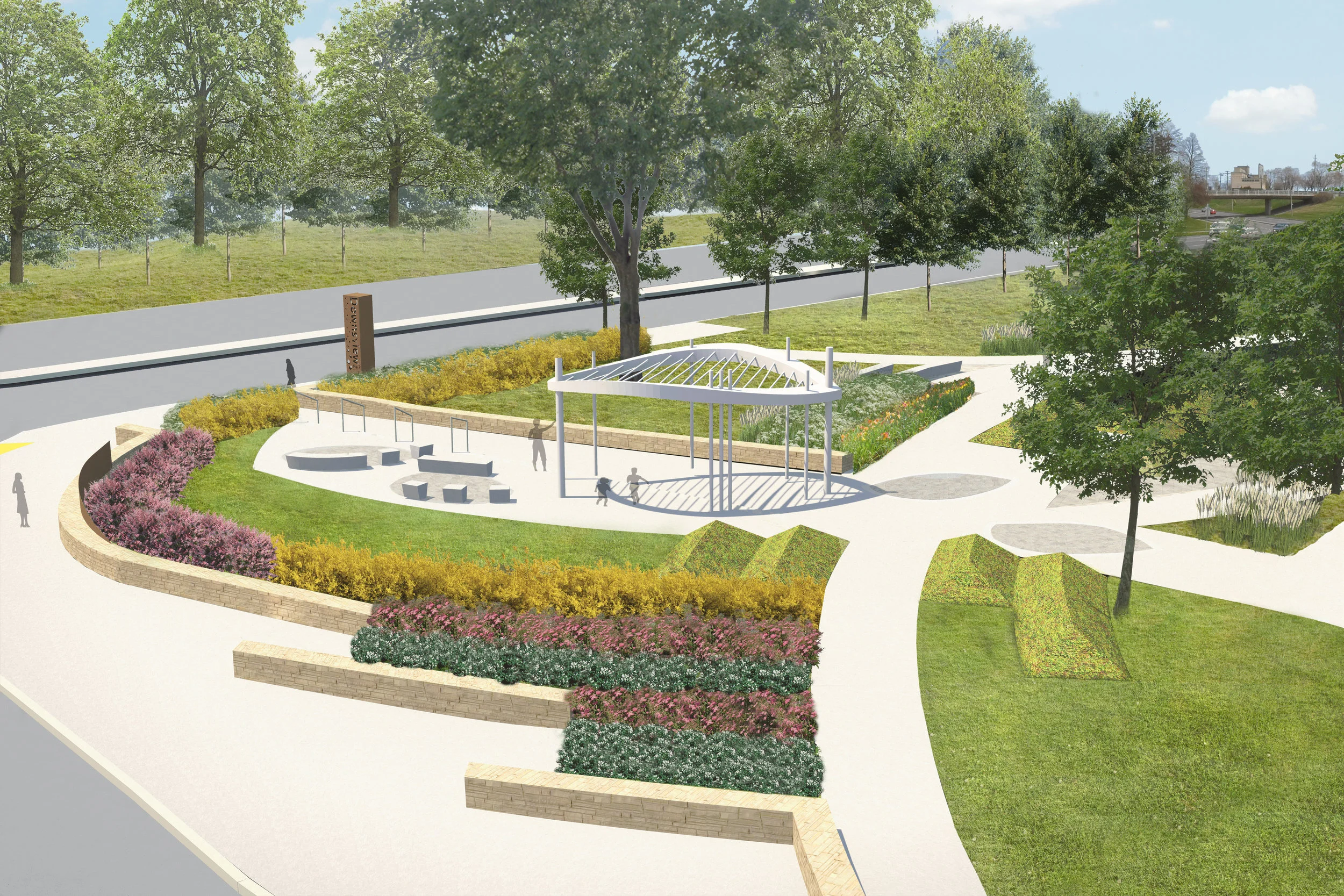  Strong curvilinear forms inspired from the shape of a leaf were used to design the plaza. The planting is arranged to accentuate these curves. 