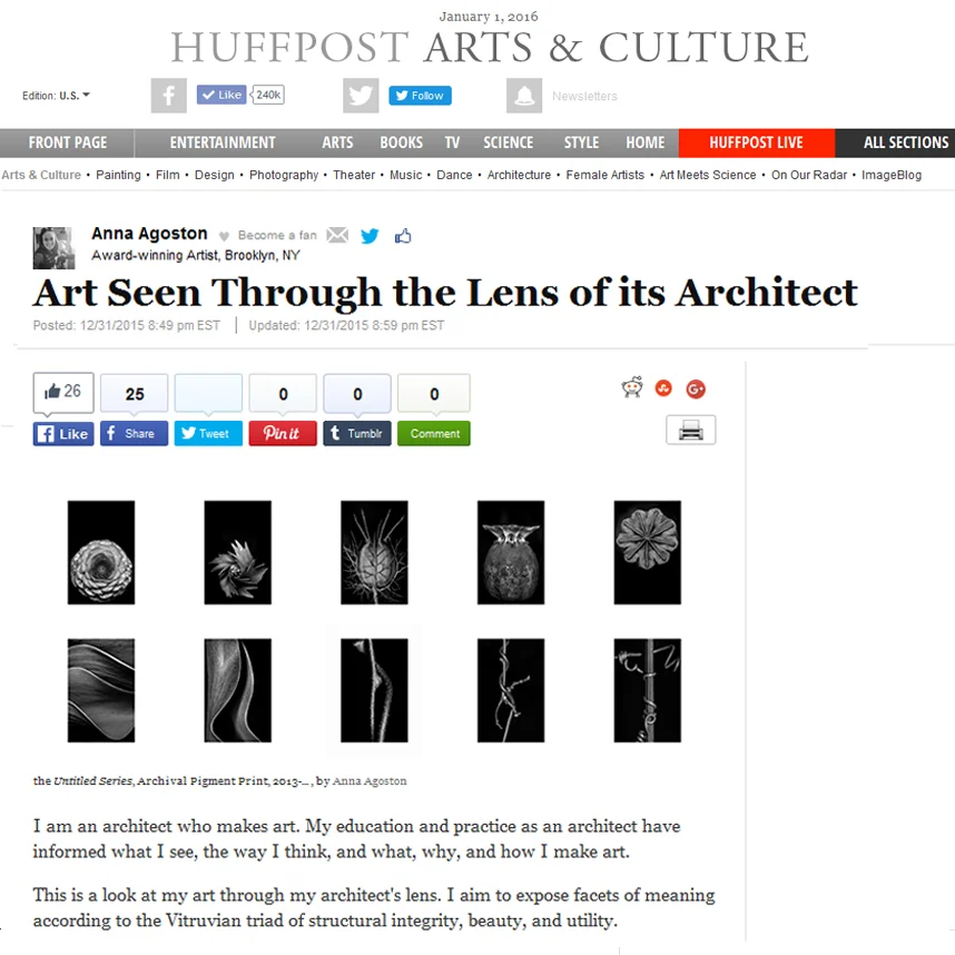 I am an architect who makes art. My education and practice as an architect have informed what I see, the way I think, and what, why, and how I make art. This is a look at my art through my architect's lens. I aim to expose facets of meaning according to the Vitruvian triad of structural integrity, beauty, and utility. Structure Architects think in terms of space and form, and structure is at the core of the architectural artifact. My Untitled project is a series of photographs of living plant elements photographed in parks and gardens. The series' parameters--defined and treated as structural elements--include print color, format, size, and borders. These shared parameters preserve the series' coherence and integrity and serve as a sculptural basis for my art by holding and framing each image. I obscure backgrounds to isolate subjects from their contexts. I strategically position my subjects within white frames to evoke feelings like withdrawal, sensuality, and love or sensations like gravity or levitation. The vertical spine of a Gingko Biloba leaf stretches sensually along the frame. The circular form of an Opium Poppy crown hovers in the upper part of the frame. I seek out and use symmetry to highlight imperfections or particularities of pattern and shape. Angling a subject's core axis up-down or right-left shows up natural asymmetries and imperfections along it, such as the minuscule irregularity on the rim of a Paphiopedilum Orchid's lower lip. Photographs shown together are arranged in a horizontal line sometimes broken into vertically-juxtaposed equal sequences. The series is to be read from left to right and top to bottom, as is Western text on a page. This arrangement brings out similarities and progressions in form--usually from the circular to the linear--and feeling. The images' positioning guides viewers from and allows them to compare one to the next. Beauty As an architect and artist, I strive to design dwellings and make art that are moving as well as aesthetically appealing. The Untitled series is an attempt to reveal the beauty intrinsic to each subject. Subjects are mostly tiny, simple plant elements found in ordinary, natural settings that I exalt by turning them into art that celebrates them. Plant elements are either shiny, fresh, newly-germinated stems, buds, and blossoms or weathered, withered boles, twigs, and leaves. The latter are reminiscent of Wabi-sabi, the traditional Japanese aesthetic that honors transience and imperfection in nature. Art results from the act of making an image beautiful and moving. To make my subject beautiful to the viewer, I polish and emphasize form with light and draw from a palette that ranges from the pure white of a wet surface catching the light to the rich black of deep depth of field. I print digitally on thick matte Hahnemühle paper because its fine, smooth surface creates high-quality prints that emphasize fine tonal graduations. Carefully-placed planes of focus form a tonal spectrum whose span expresses sharp foreground detail as well as soft background. The end result is an image that is compellingly beautiful. My interest in architectural structure followed naturally from an earlier fascination with organic structure. I had studied the organic unit, the cell, because I was curious about how singular characteristics could account for such diverse structures as hair and bone. Now, when I look at a black-and-white print of a Gingko Biloba leaf magnified six times, what I see is architecture: structure, form, and texture that remind me of Oscar Niemeyer's magnificent reinforced-concrete edifices. It is clearly the leaf's organic structure that determines the gracious--whether sophisticated or immature--way in which it hangs from the stem. Beauty also resides in the metaphor that an image may evoke. I do not give my photographs titles, preferring to allow viewers' minds to drift and form visual associations. My photographs do, however, have private nicknames referring to the personal metaphors that they evoke in me. Discerning symbols and identifying visual metaphors is part of my creative process. While I am taking a photograph, I may identify, seek to embed a discerned symbol or metaphor. For example, when I saw and felt a Madonna and Child in a minute germinating sprout, I worked on the image until it conveyed that metaphor to me. I am nevertheless conscious that, like Rorschach inkblots, visual metaphors are infinite in number, uncontrollable, and can only be suggested to others. Utility Whereas an artifact's utility or function is set in its programming, its function, when designed by an architect, can go beyond programming to encompass human experience of both exterior object and inner space. When presenting an architecture project, I first lay down facts about it. I lead the client around the outside of the edifice, highlighting its features and surroundings, and then move inside and through the plan from the entrance to any upper rooms, all the while pointing out how one experiences the inner spaces in concert with those visible through openings. " La promenade architecturale ," this movement through the building, and the resulting sequence of images unfolding before the observer, was central to Le Corbusier's architectural design. That concept shaped his buildings interiors and exteriors. Our physical experience of any architecture and art engenders emotions that in turn affect our emotional response to our environment. Le Corbusier collected natural objects and used them to draw up the natural laws that formally influenced his design of architecture objects, whether elements like stairways or entire buildings. He wrote: "Around 1928 I felt a desire to expand my pictorial vocabulary and became interested in what I called objects of poetic reaction (objets à réaction poétique), any number of ordinary items that contain, summarize, and express the laws of nature, events understood as symbolically significant, etc. After that I began to work on the human figure." (Le Corbusier, L'Architecture d'Aujourd'hui , Special Issue, April 1948, p. 45). The purpose of my Untitled series is not to inform my architecture but to draw attention to and elevate the small but not insignificant plant elements encountered in daily life. A walk through the series is intended to provide an inner experience that will bring about a renewed sensitivity to the natural world. Magnifying little details of life that would otherwise go unnoticed exposes monumental beauty, triggers amazement, and revives from within. By inviting contemplation, my art transcends its subjects. Architects strive to design works that are internally and externally meaningful. We are concerned with an edifice's essence and also with its cultural and historic context. Similarly, my Untitled series, by focusing on subjects' structure and beauty, is an ode to natural forms that seeks to compel the viewer to see the world with new eyes, to feel it from within. What makes my Untitled series distinct is my use of digital technology to photograph living plants in their natural environments. Freed from the studio, I observe how the fall of natural light on subjects defines their form, and faced with the elements, like wind and sun, I take multiple photographs of a single subject until I get it right. In exploring the visual metaphor in living plants, I am building on the legacy of Edward Weston's still lifes; and my use of contemporary digital tools furthers the macro photography tradition of Karl Blossfeldt by making high-resolution photographs of plant forms in nature. Unlike Hilla and Bernd Becher, I am developing a romantic typology of forms in which feeling is perceptible. In my ongoing Untitled series, I am constructing a progressive sequencing of form and feeling. My education, training, and practice have shaped my senses. I do what I cannot help but do. Being a highly sensitive person and feeling things intensely has left me with the need to express my feelings. I accomplish that through my art