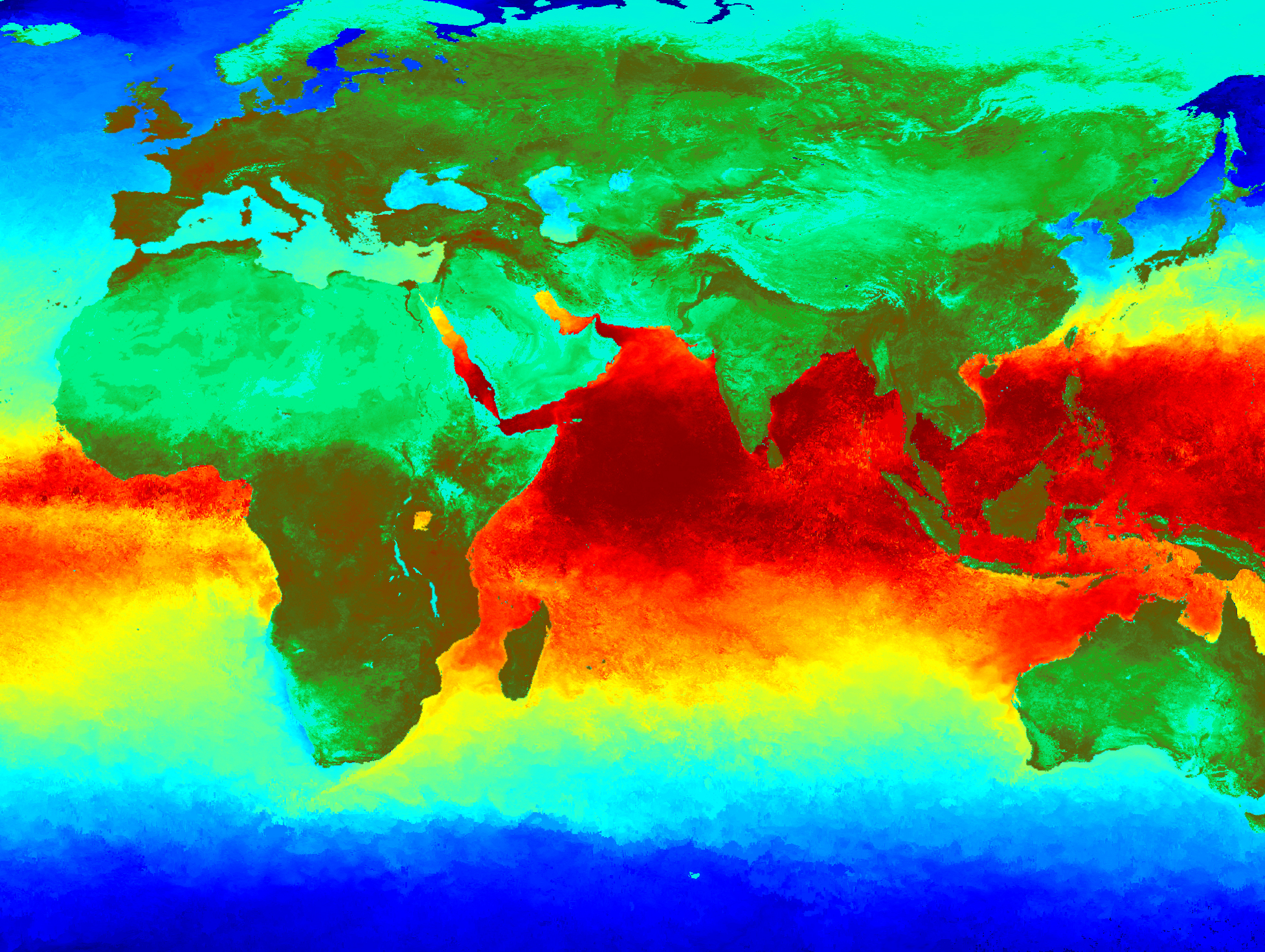 Sea surface temperatures (absolute, not anomalies) and land vegetation over the Indian Ocean are seen below in a visualization created with data from 1994 to 2005 from the Pathfinder satellite dataset. Impacts of rising Indian Ocean SSTs have also been linked to changes in rainfall over East Africa. Find more here: http://www.nasa.gov/topics/earth/features/indian_ocean_warm.html Credit: NASA