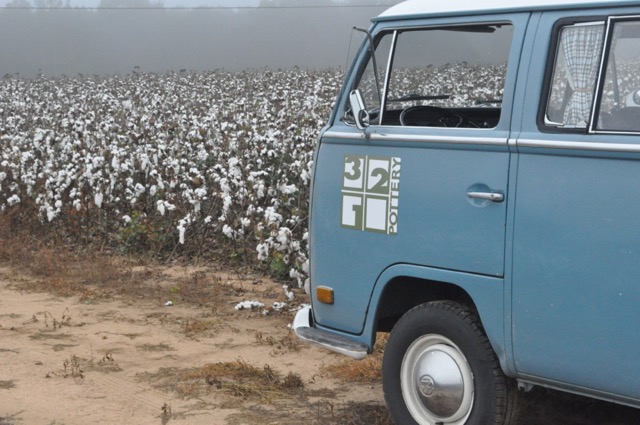  My 1970 VW bus has been my office, tent and daily driver. I love that it’s been all over the roads of the Pacific Coast and now rides along the southern cotton fields.&nbsp; Cotton is a slow blooming plant that gives us very useful cotton and oil.&n