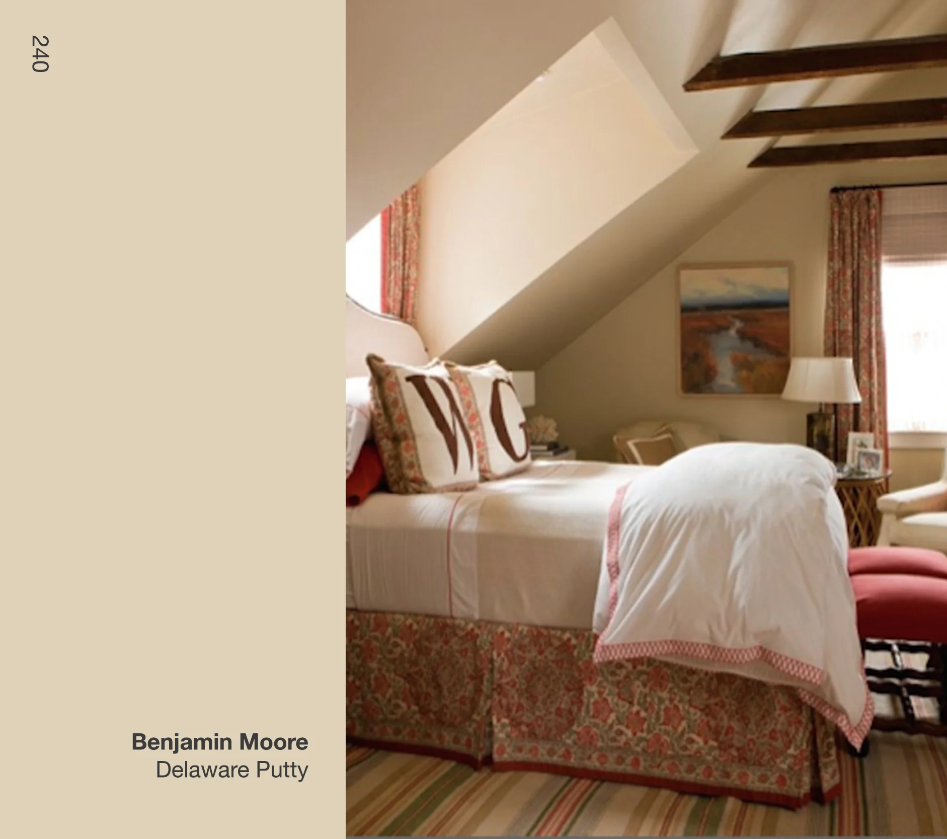 Delaware Putty from Benjamin Moore is a neutral that is as timeless as it is forward. It can be used effectively in traditional as well as contemporary spaces. It was the perfect choice for the master bedroom in this Nantucket cottage. Notice how well it pairs with warm tones such as the various shades of red and the brown accents to create an envelope that is both traditional and elegant. 