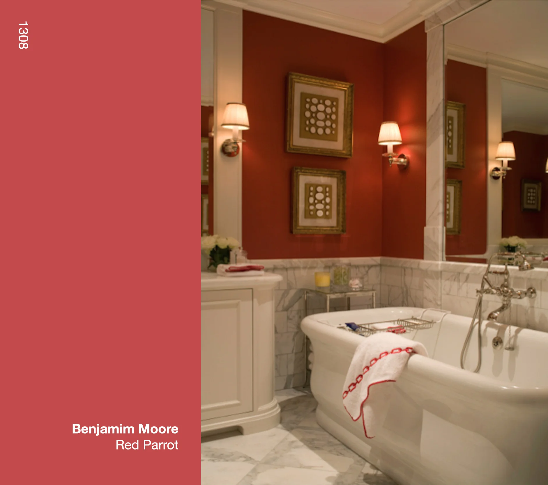 I like to use the color Red to warm up a room. Red Parrot from Benjamin Moore was perfect for this master bath in an urban townhouse. I particularly liked the contrast with the cool Calacutta marble and the white Empire soaking tub from Waterworks. Red Parrot is a particular favorite of mine because the claret undertone softens what can be percieved as a strong color.