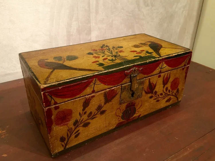  I am a box collector so I was naturally drawn to this extraordinary decorated pine box at Old Hope Antiques, Inc.. The box was crafted in Maine, circa 1830, and has a wonderful wallpaper lining.