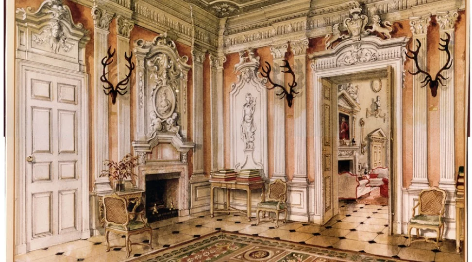 The Saloon, from a painting by Alexandre Serebriakoff. Ronald Tree's second wife Marietta commissioned a series of paintings of Ditchley as a memento of his occupancy in the 1930s and 1940s.  http://www.ditchley.co.uk/gallery/the-interiors