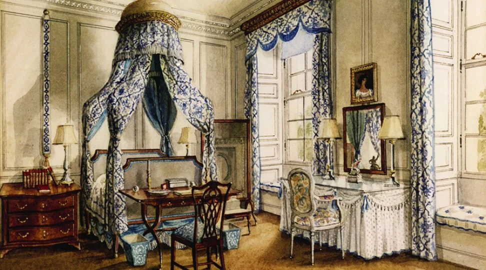 Bedroom Six, from a painting by Alexandre Serebriakoff. Ronald Tree's second wife Marietta commissioned a series of paintings of Ditchley as a memento of his occupancy in the 1930s and 1940s.
