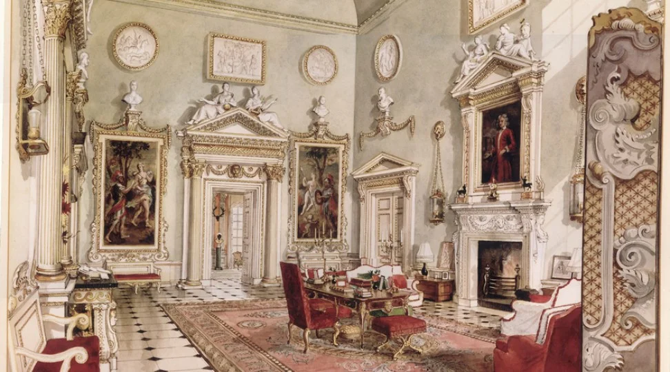 The Great Hall, from a painting by Alexandre Serebriakoff. Ronald Tree's second wife Marietta commissioned a series of paintings of Ditchley as a memento of his occupancy in the 1930s and 1940s.  http://www.ditchley.co.uk/gallery/the-interiors