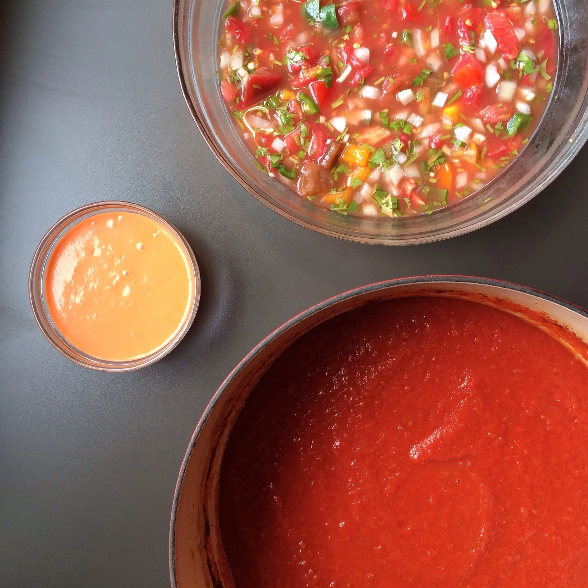 Salsa, sauce, and salmorejo. Salmorejo is a delicious Spanish cold soup made by blending tomatoes with bread, olive oil, garlic, sherry vinegar, salt, and pepper. It's creamy, savory and perfect for summer. 
