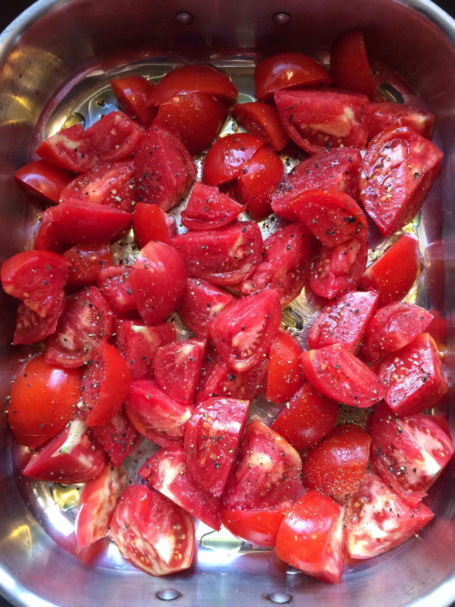 These chunks of tomato, tossed with olive oil, salt, and pepper, were roasted like the Juliets and frozen in a single layer in a freezer bag.