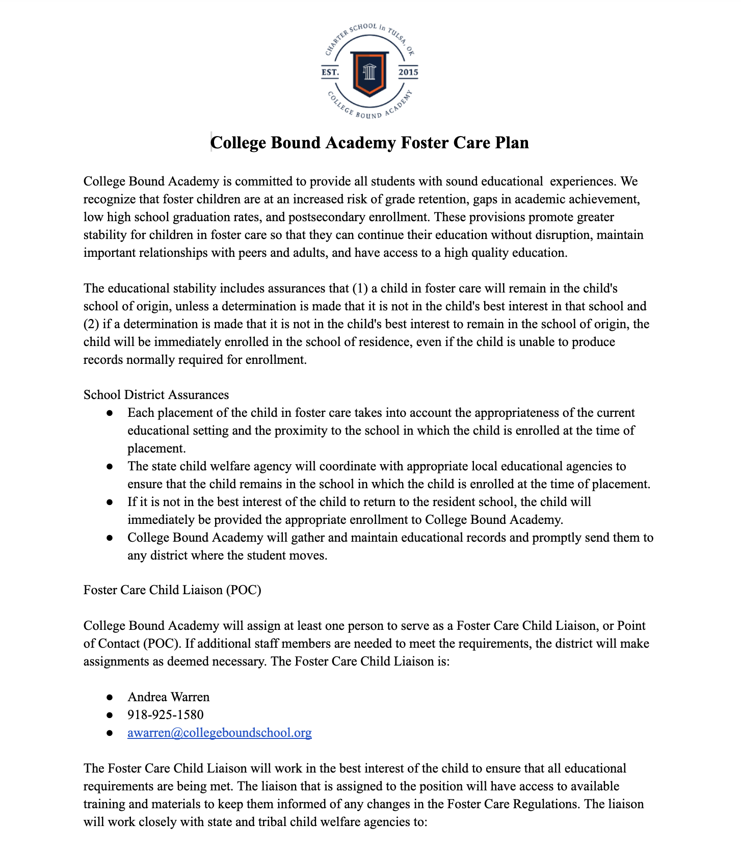 Cba s foster care plan college bound academy