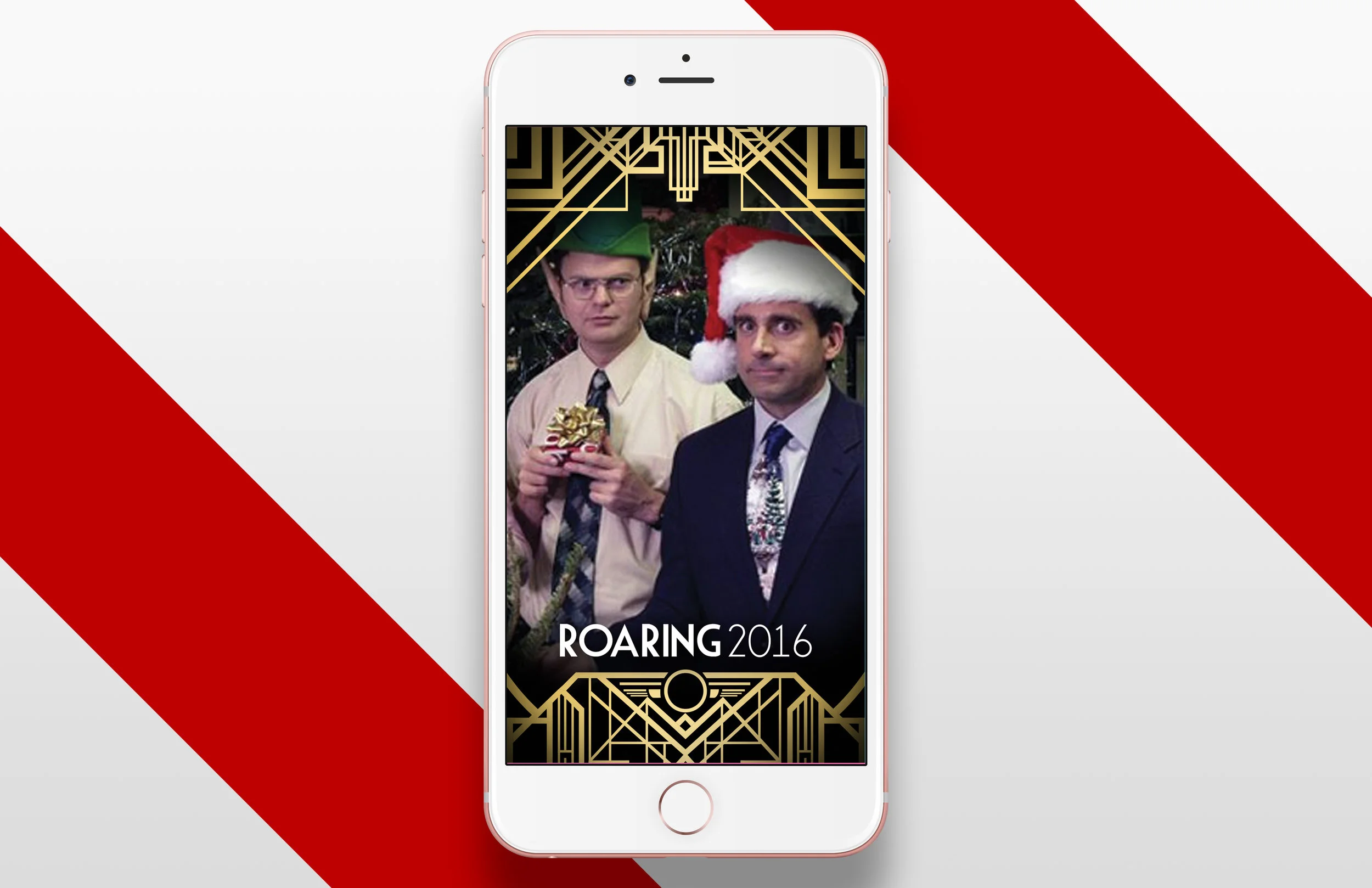 I repurposed the Gatsby style to create a Snapchat filter for Verizon Digital Media Services' company holiday party (The Office actors were for placement only).