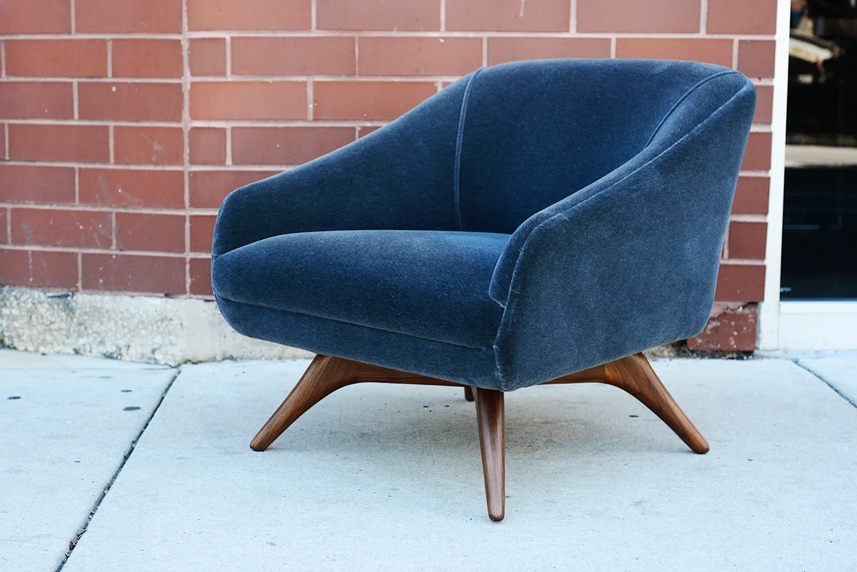 Vladimir Kagan Wide angle lounge chair freshly redone in mohair.