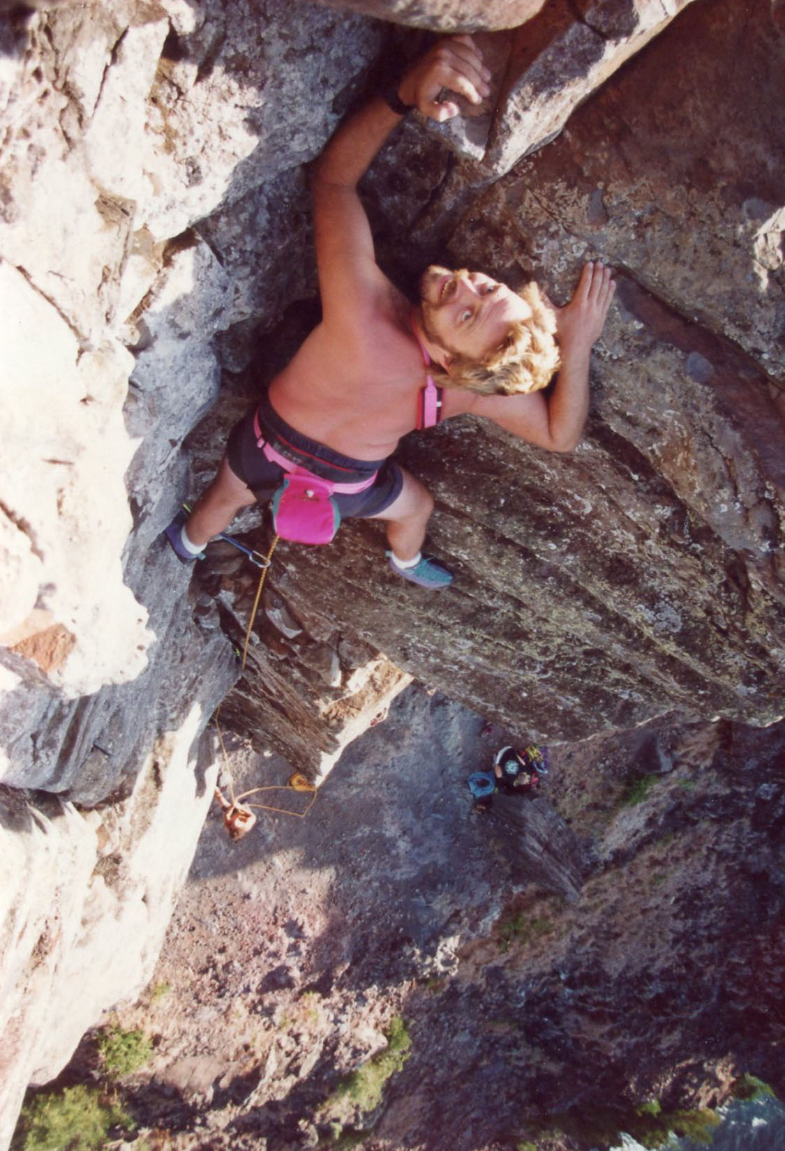 Unknown climber leading Whale's Tail, Makapu'u, 1991.