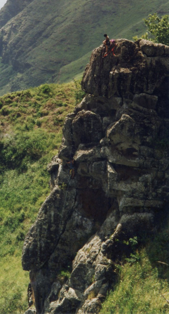 Waianae Range, 1993. On the weekends, "we used to hike out to the hill above the climbs on a Friday afternoon and camp out there for the weekend and climb." The rock here is questionable and any bolts were removed a long time ago.