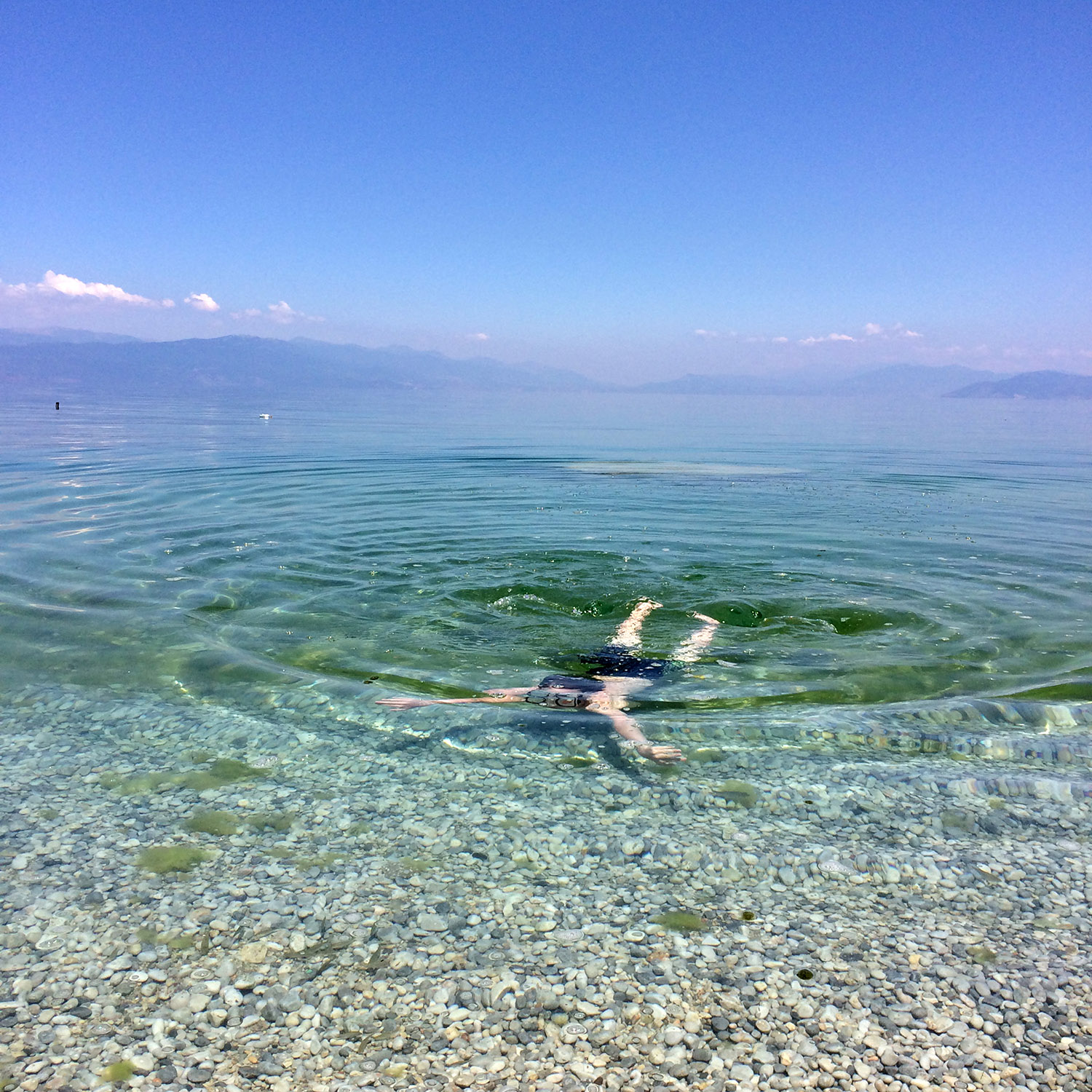   Ohridsjön i Makedonien. En liten dykare närmar sig stranden.&nbsp;  