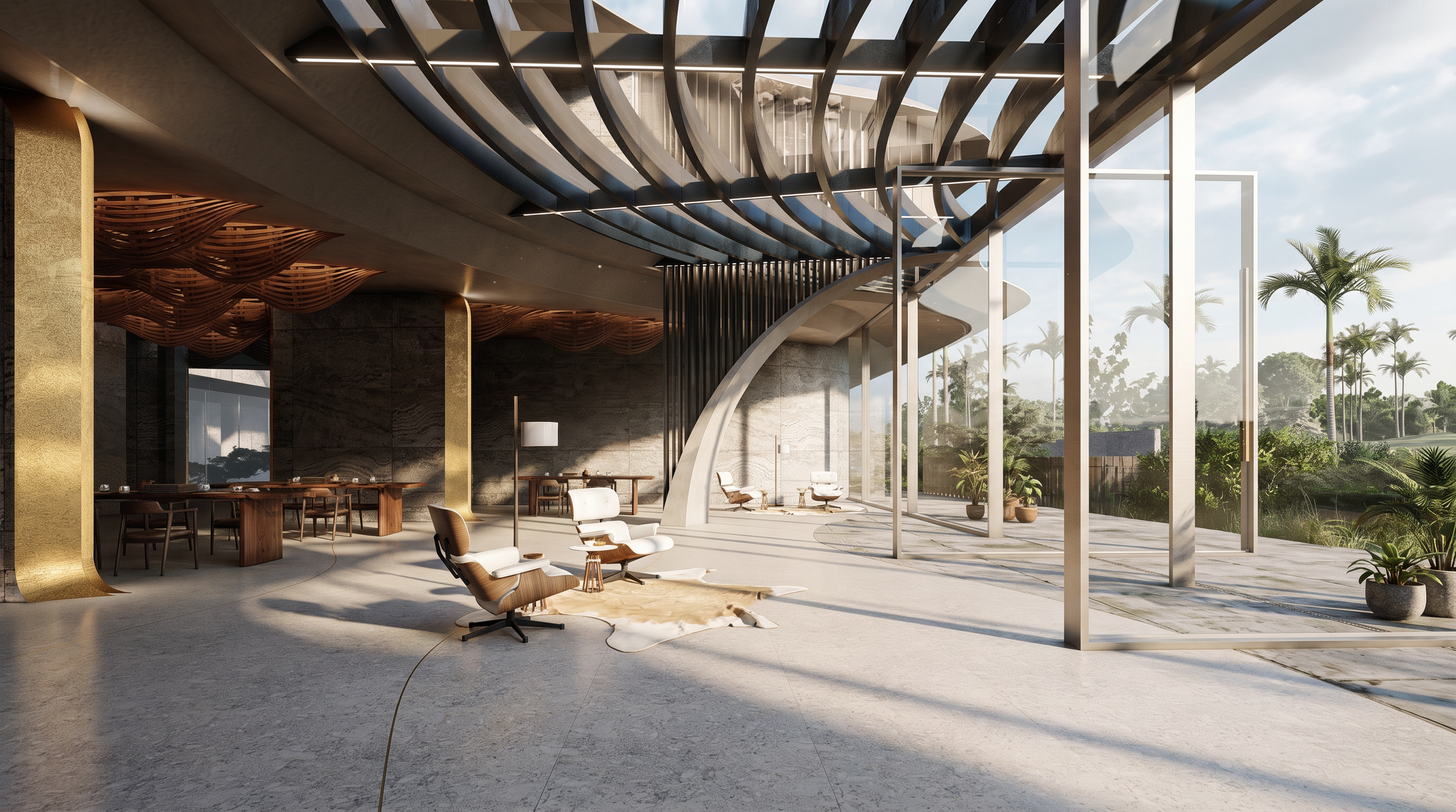 Tulah wellness clinic interior design - open lounge arched doorways and tropical garden views